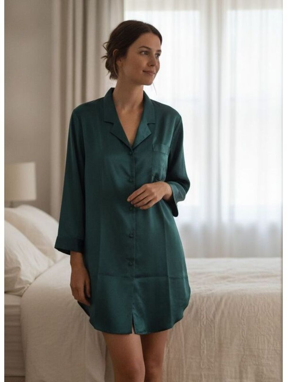 Mystique Intimates Emerald Green Satin Sleep Shirt Button-Down Nightshirt Size M